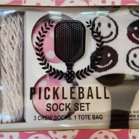 Pickleball 3 Pairs Crew Socks size 9-11 And 1 Tote Bag Gift Set White, Pink, Bla - Picture 3 of 5